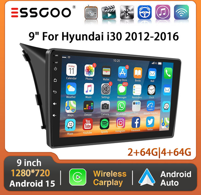 ESSGOO Android 15 Autoradio für Hyundai i30 2012-2016 mit 9 Zoll Display, Kabelloses CarPlay, GPS, WiFi, Bluetooth und USB in Schwarz - Bild 1