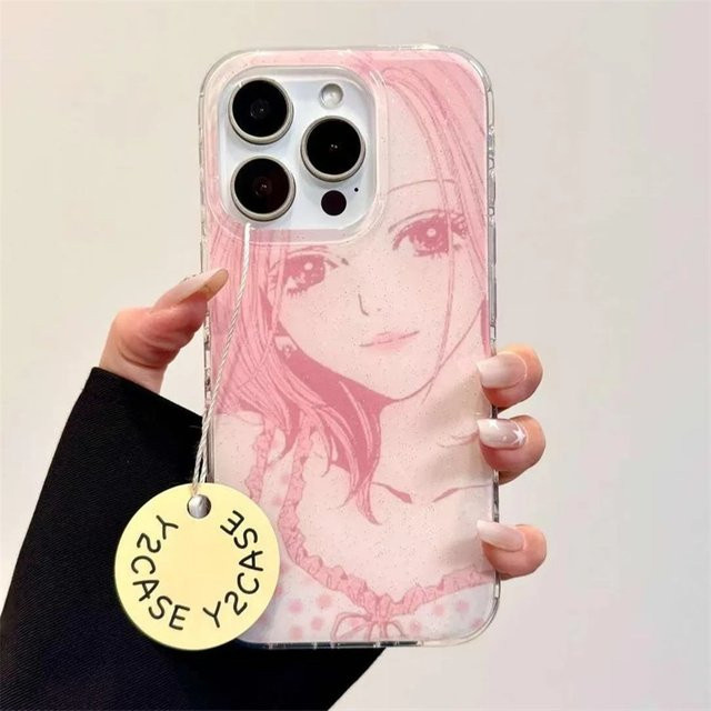 Potdemiel Anime Schutzhülle für iPhone in Rosa mit Glitzer-Effekt und Manga-Design - Bild 1