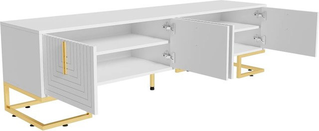 okwish TV Schrank Weiß mit strukturierten Türen und goldenen Griffen sowie Füßen für dein Wohnzimmer B/T/H: 170 x 40 x 45,5 cm - Bild 1