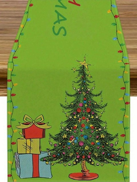 JIT Weihnachts-Tischläufer aus Leinen mit grünem Baummuster für deine Tischdekoration - Bild 1