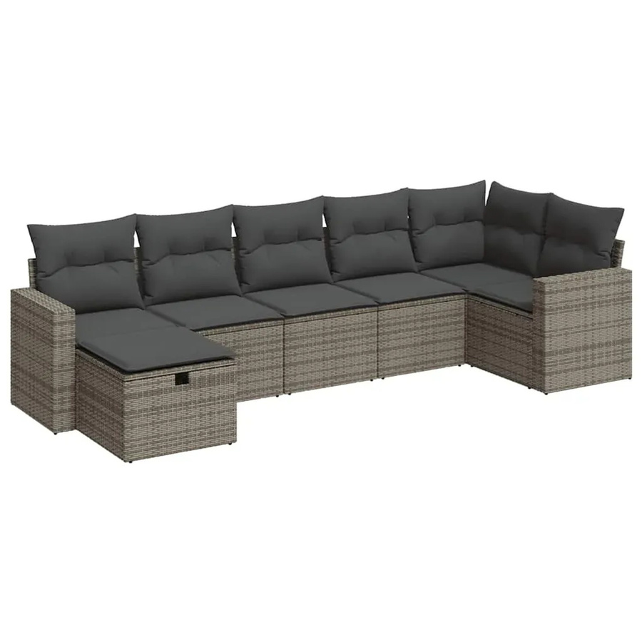 vidaXL 7-tlg. Garten-Sofagarnitur in L-Form aus Poly-Rattan in Grau mit Kissen und Ottoman - Bild 2