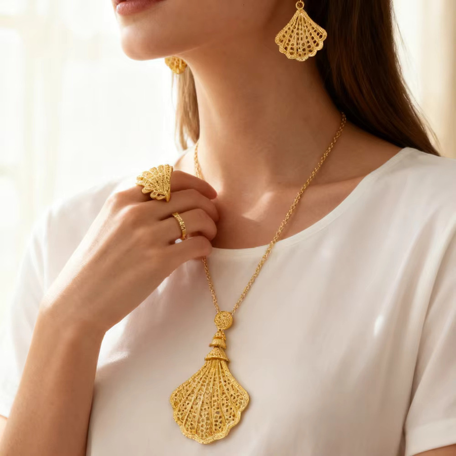 YM Schmuckset, Goldfarben, Halskette, Ohrringe, Ringe, Damen - Bild 3