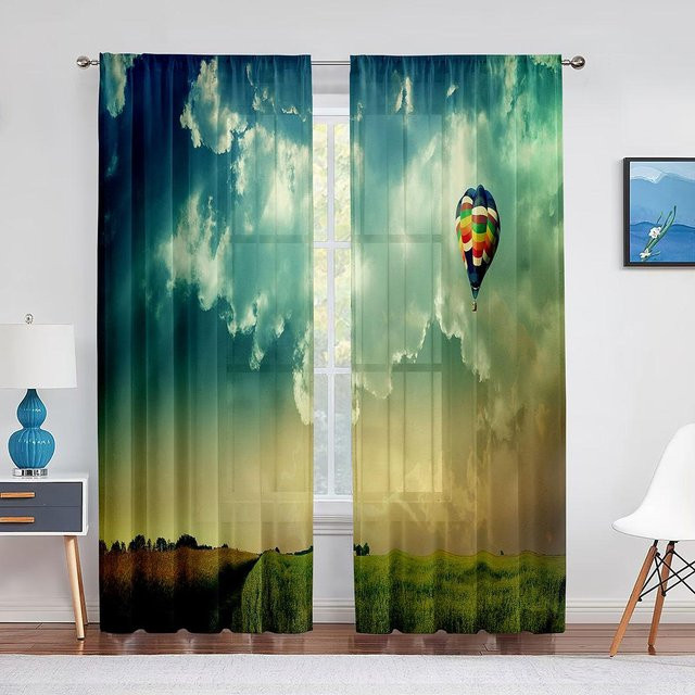 Transparente Voile-Vorhänge mit Heißluftballon-Motiv und Landschaftsmuster von Super Six, Chiffon-Tüll-Vorhang für Wohnzimmer und Schlafzimmer, Breite: 100 cm, Höhe: 250 cm - Bild 1