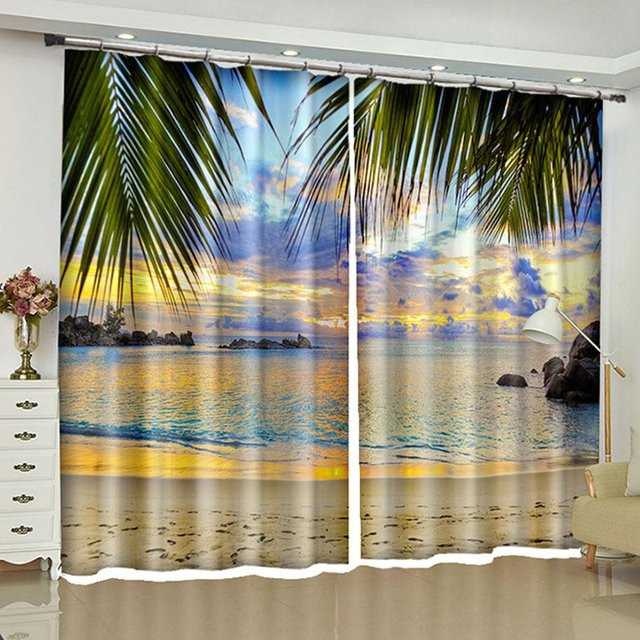 3D Meer Strand Serie Vorhangpaneele mit Landschaftsdruck, grau und mehrfarbig, B: 50 cm, H: 130 cm, 2er-Set inklusive Haken - Bild 1