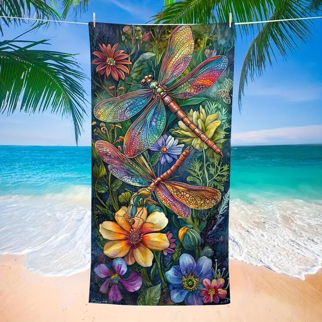Schnelltrocknendes Strandtuch von JMG Household Supplies mit buntem Libellen- und Blumengarten-Print, Mikrofaser-Baumwoll-Mix, B/B: 70 x 140 cm - Bild 1