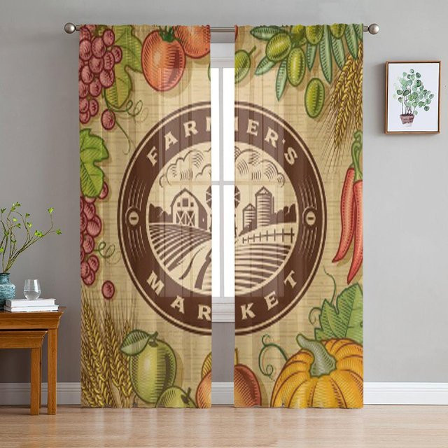Super Six Transparenter Tüll-Fenstervorhang im Vintage Bauernmarkt-Design, Farbe Braun, B/H: 135 x 114 cm - Bild 1