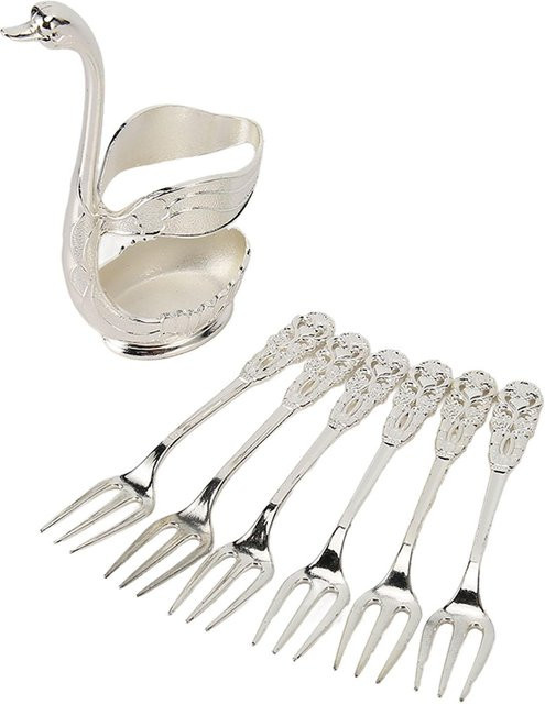 Schwan Basis Halter mit 6 Früchtegabeln aus Aluminium in Silber und Weiß - Bild 1