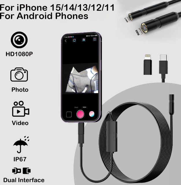 ZYPUSON Mini-HD-Kamera-Endoskop mit LEDs für Auto- und Kanalinspektion, schwarzes Endoskop-Inspektionstool mit weichem oder starrem Kabel für iOS und Android, Durchmesser: 5,5/8 mm - Bild 1