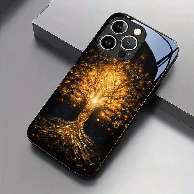 Jinhui Handyhülle aus gehärtetem Glas mit Lebensbaum Muster in Schwarz für Samsung Galaxy S25 S24 S23 Ultra Plus FE stoßfest - Bild 2