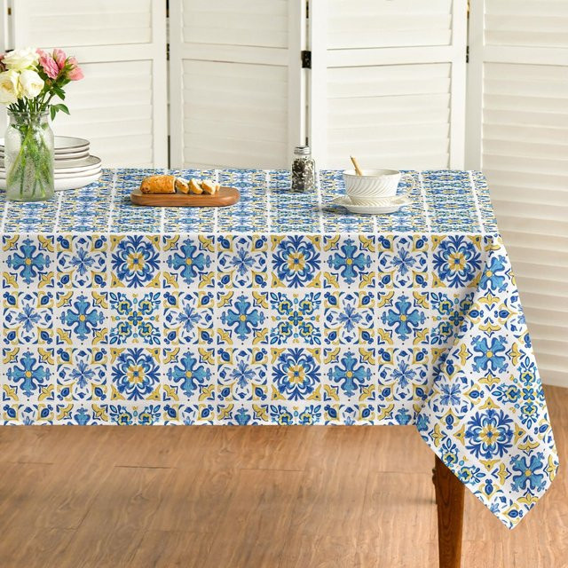 Waschbare Tischdecke mit blauem Talavera-Fliesen-Muster von JMG Household Supplies, wasserabweisend, B/T: 140 x 90 cm, grau und blau - Bild 1