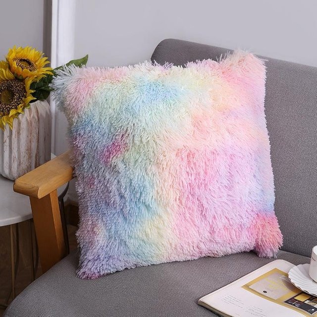 Dekorativer Regenbogen Plüsch Kissenbezug in Rosa und Blau für Kinderzimmer und Schlafzimmer, B/T: 40 x 40 cm - Bild 1