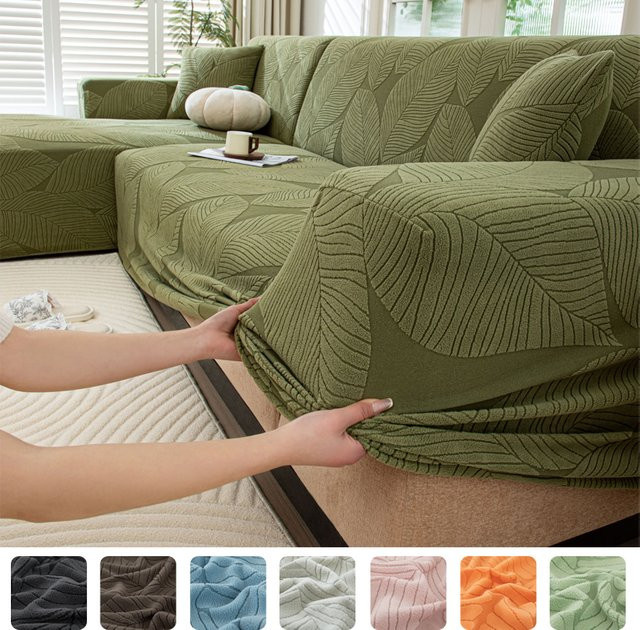 S-EMIGA Sofabezug aus dickem Jacquard-Plüsch für Ecksofas und L-Form Sofas, einfarbig in Pink oder Grün - Bild 1
