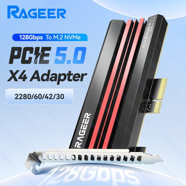 RAGEER PCIe 5.0 x4 zu M.2 NVMe SSD Adapterkarte mit Aluminium-Kühlkörper in Schwarz, kompatibel mit M.2 2280 SSD und PCIe 4.0/3.0 - Bild 1