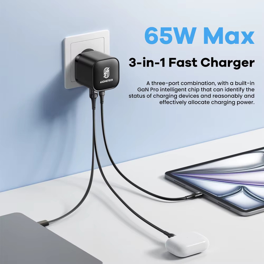 ASOMETECH 65W GaN USB-C Schnellladegerät mit EU-Stecker in Schwarz - Bild 2