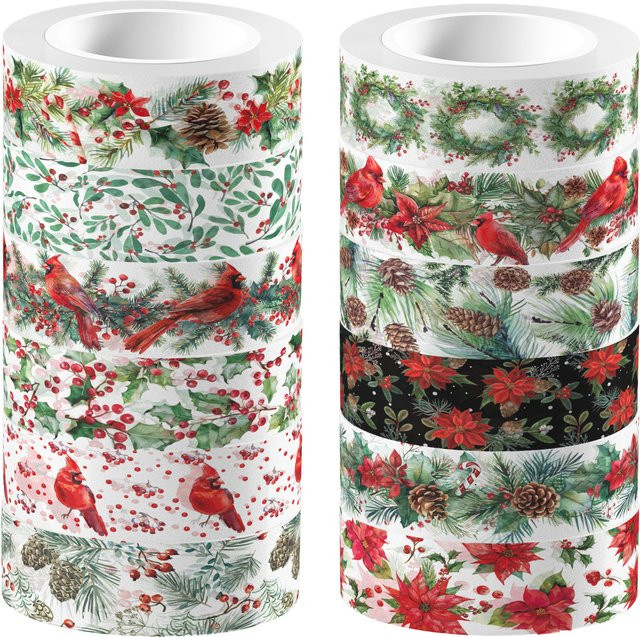 12 Rollen Washi-Tape mit rotem Blumen- und Vogelmuster für Scrapbooking und Tagebuchgestaltung - Bild 1
