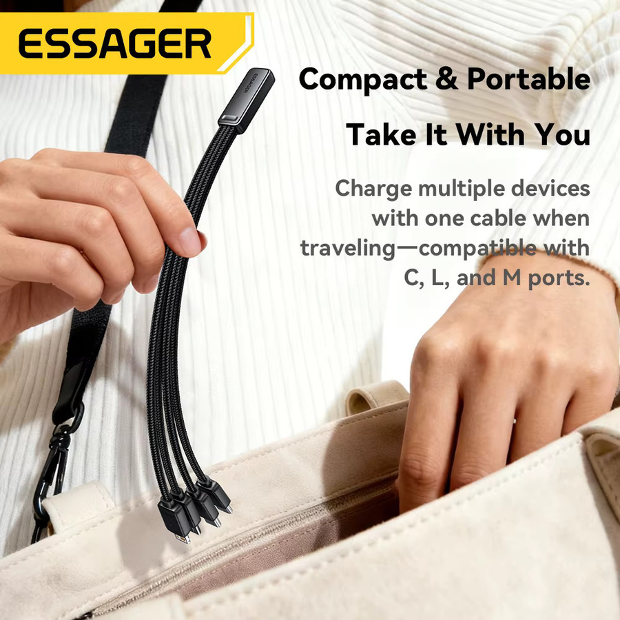 Essager 4-in-1 Schnelllade-Reisekabel in Schwarz mit USB-C-Buchse, 2 Typ-C- und Mikro-USB- sowie Lightning-Adaptern - Bild 4
