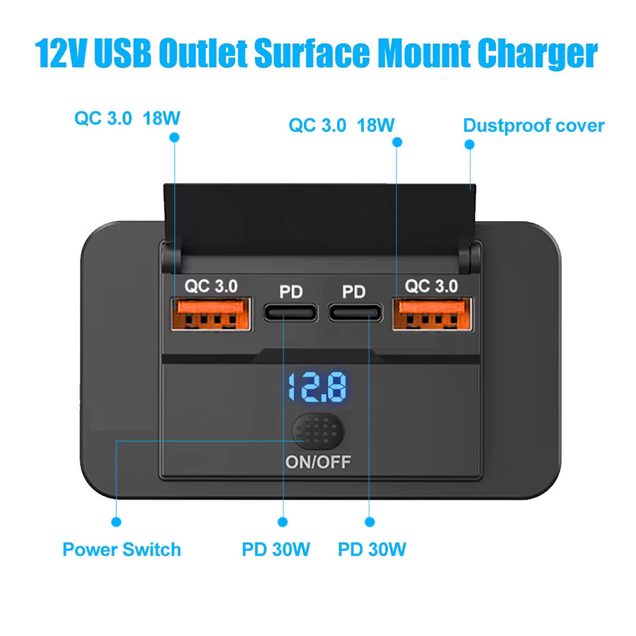 KEBETEME USB-Autoladegerät mit 4 Ports, 96 W Schnellladegerät mit Dual PD und Dual QC 3.0, Schwarz, für 12 V/24 V Auto, Boot, Bus, RV und LKW - Bild 2