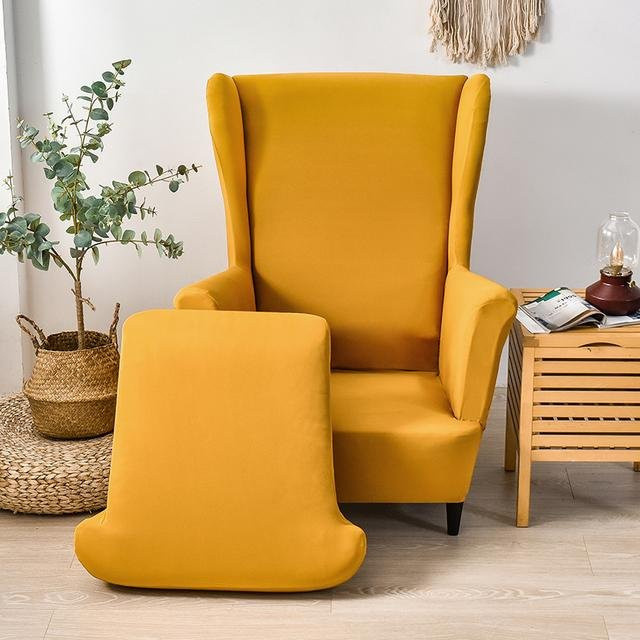 2er Set dehnbare Ohrensessel Überwürfe aus Spandex in Gelb für Sofa und Esszimmerstühle - Bild 1