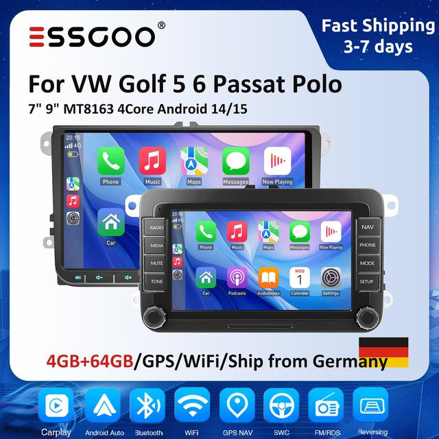 ESSGOO Android Autoradio mit CarPlay und GPS, 9 Zoll, Schwarz, für Volkswagen VW Golf Passat Jetta sowie Skoda und SEAT - Bild 1