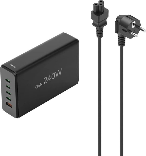 Hama USB-Ladestation mit 5 Ports GaN Schnellladegerät in Schwarz mit 4 x USB-C und 1 x USB-A für 240 W - Bild 1
