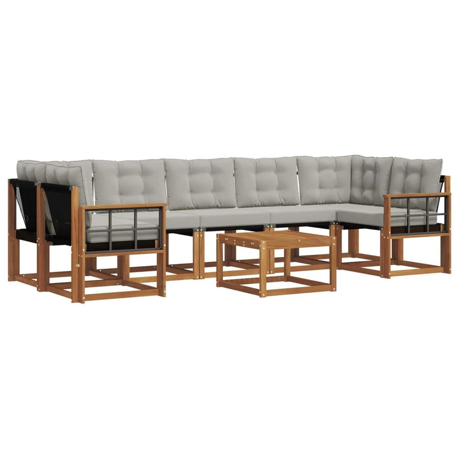 vidaXL Outdoor-Sofagarnitur 8-teilig L-Form aus Akazienholz mit Textilene und Kissen in Braun und Grau - Bild 2