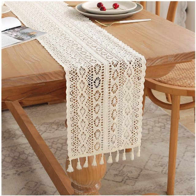 Makrame Tischläufer im Boho-Stil aus Baumwollspitze und Jacquard, Beige/Weiß, B/H: 24 x 120 cm - Bild 1