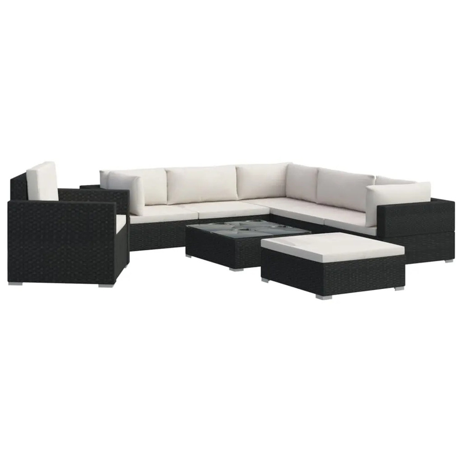 vidaXL 8-tlg. Garten-Lounge-Set in L-Form aus Poly-Rattan mit Auflagen und pulverbeschichtetem Stahlrahmen, Schwarz - Bild 2
