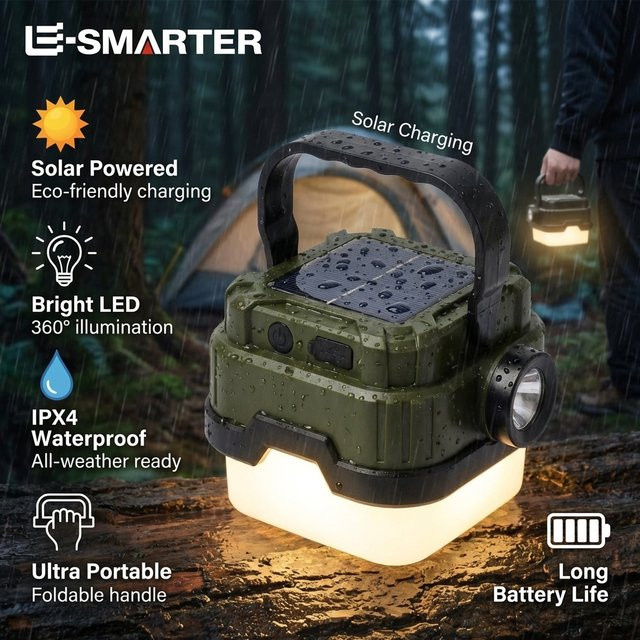 ESMARTER Solar-Ladelampe Quadratisch in Grün als Tragbare Campinglampe und Outdoor Notbeleuchtung - Bild 1