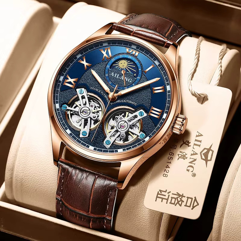 AILANG Armbanduhr Automatik, Doppel Tourbillon, Roségold, Edelstahl, Leder, Blau, Herren - Bild 3