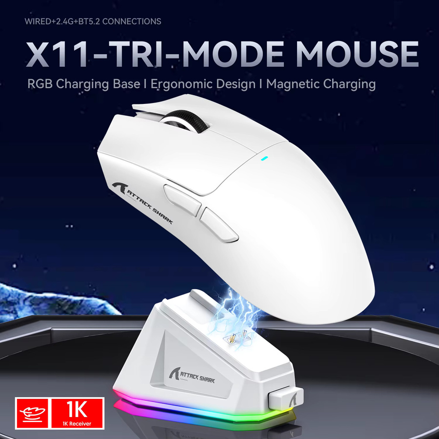 Attack Shark X11 Tri-Mode Gaming-Maus mit magnetischer Ladestation, PixArt PAW3311-Sensor, 22K DPI, Bluetooth, 2,4 GHz und kabelgebunden, für PC und MAC, Weiß/Rot - Bild 3
