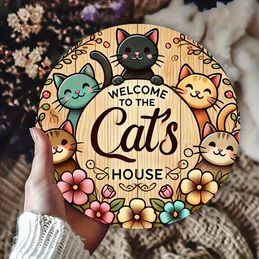 Potdemiel Wanddekoration Katzenhaus rundes Metallschild mit Cartoon-Katze und Typografie, Durchmesser: 19,99 cm, Mehrfarbig - Bild 5