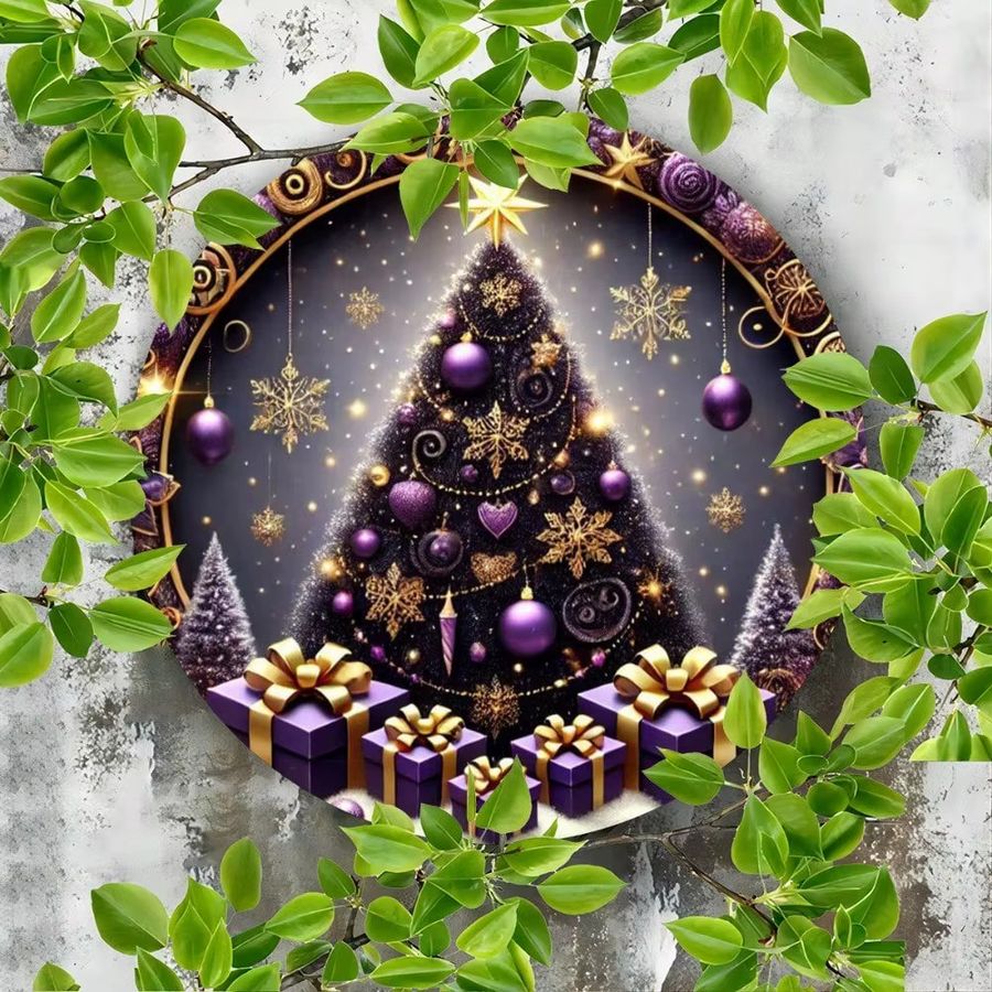 CIFBUY Weihnachtsbaum Wandschild aus Metall in Lila und Multicolor, runde Plakette für Innen- und Außenbereich, Durchmesser: 20,3 cm - Bild 4