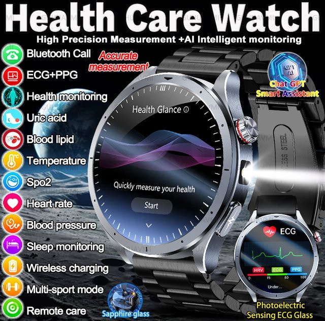 GUHUAVMI Gesundheits-Smartwatch mit 650nm Lasertherapie, EKG, Harnsäure- und Blutdruckmessung sowie Bluetooth-Anruffunktion für Android und iOS, Schwarz - Bild 1