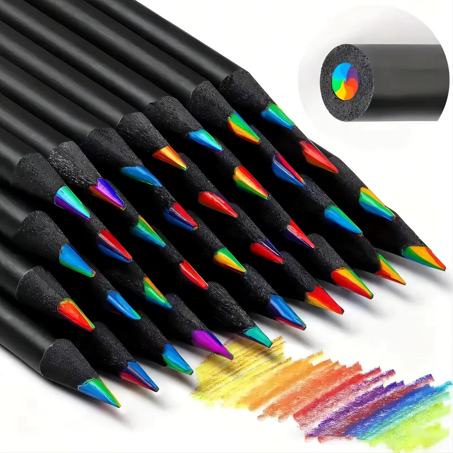 6 Stück 7-in-1 Regenbogen-Buntstifte aus schwarzem Holz für Kunst und Schule, Mehrfarbig - Bild 2