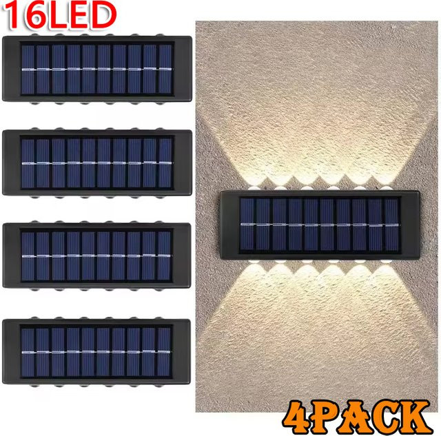 Super-Cheese Solar Wandleuchten Outdoor mit 16 LED, Wasserdichte Up-and-Down Beleuchtung in Schwarz für Garten, Balkon und Landschaftsdekoration, Warmweiß - Bild 1