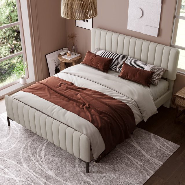 Aosom Doppelbett mit verstellbarem gepolstertem Kopfteil und Lattenrost in Grau-Beige aus Stoff - Bild 1