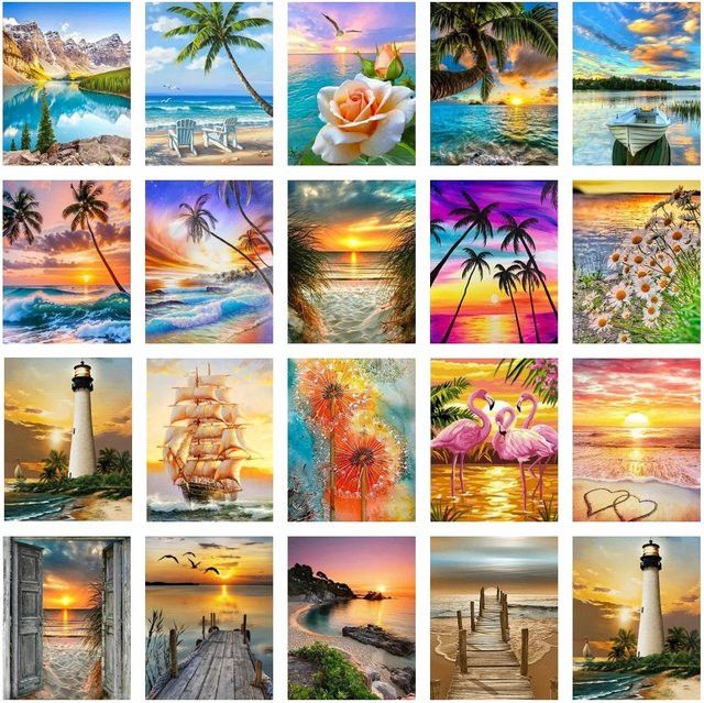 5D-Diamantgemälde DIY Sonnenuntergang am Meer als Mosaik-Stickerei mit runden Steinen von Potdemiel - Bild 1