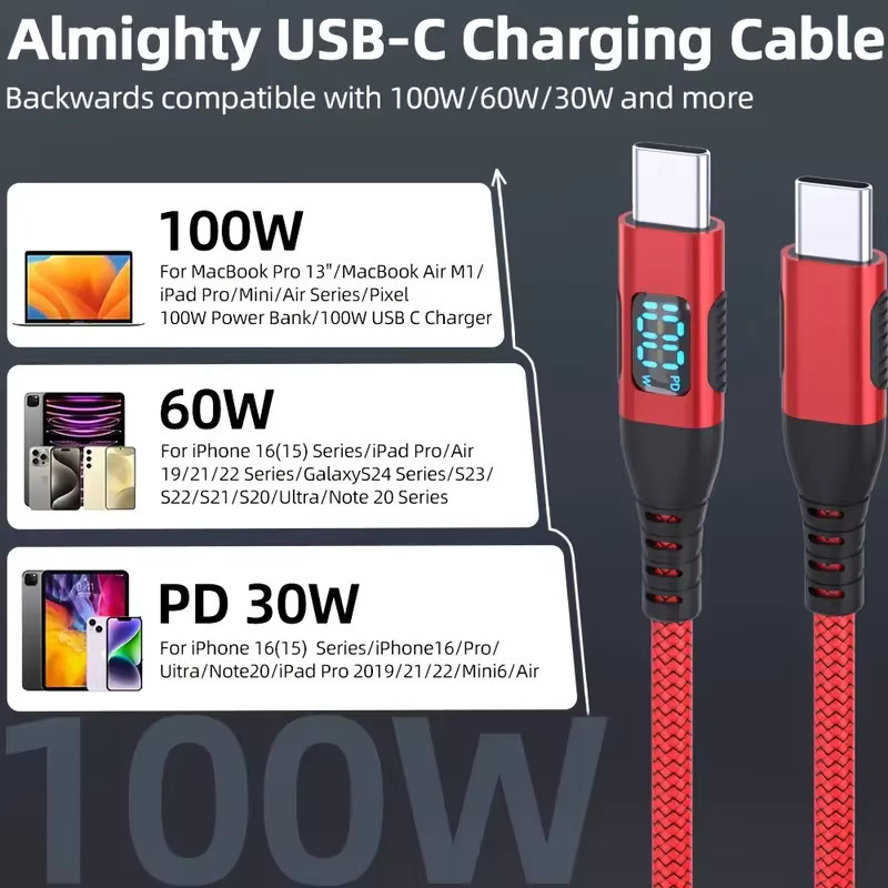 LAIHONEN USB-C zu USB-C Datenkabel mit 100W Schnellladung und LED-Dynamischer Anzeige in Rot - Bild 5