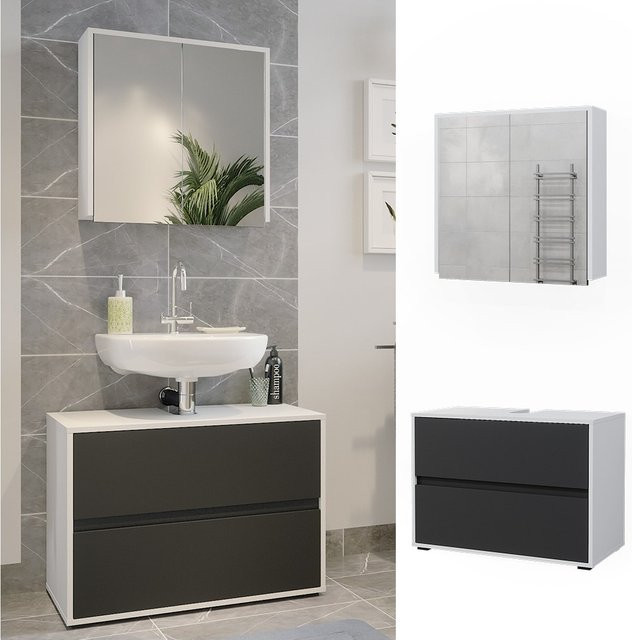 Vicco Badmöbel-Set Maltin modern in Weiß und Anthrazit bestehend aus Waschtischunterschrank und Spiegelschrank - Bild 1