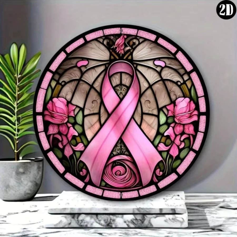 Runder Brustkrebs-Bewusstseinkranz aus Aluminium von CIFBUY in Pink mit floralem Art-Nouveau-Design, Durchmesser: 20,32 cm - Bild 3