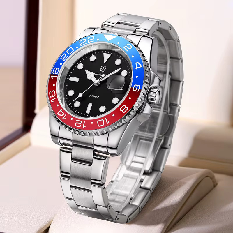 Qingxiya Armbanduhr Quarz, Edelstahl, Schwarz, Herren, Datum, Leuchtzeiger - Bild 4