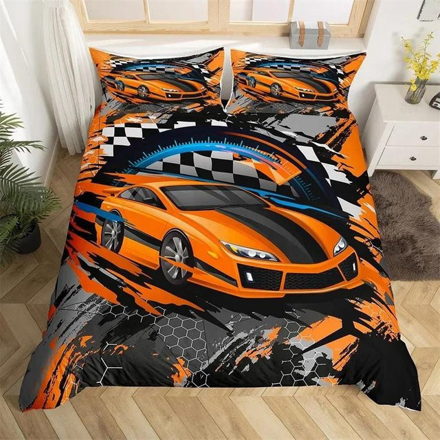 Bettwäscheset Rennwagen Cool Speed für Kinder aus Mikrofaser mit Wabenmuster und Automobil-Motiv, Farbe: Orange, B/H: 140 x 210 cm - Bild 1