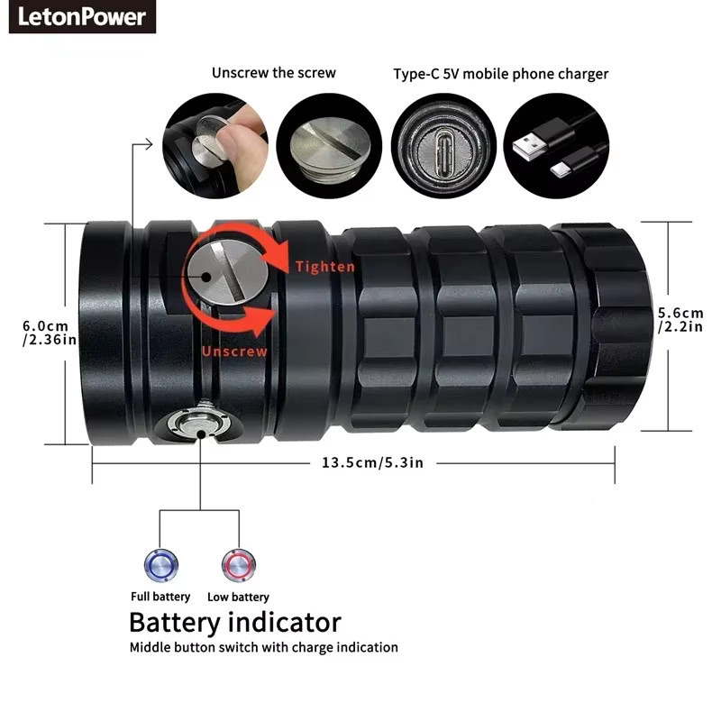 Leton Unterwasser Taschenlampe mit 25000 Lumen, Schwarz, Wiederaufladbar via USB Typ C, Aluminium - Bild 2