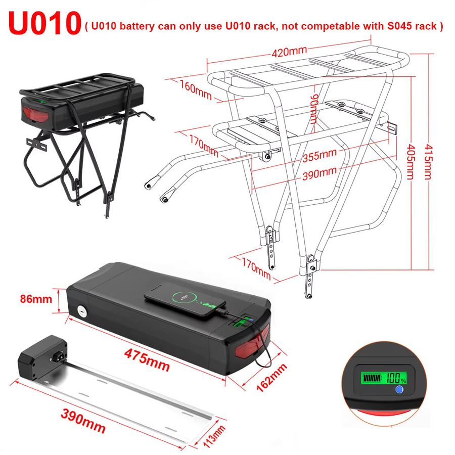 UNITPACKPOWER E-Bike Akku mit Gepäckträger in Schwarz, kompatibel mit 24 bis 28 Zoll Rädern und Motoren von 500 W bis 1500 W - Bild 3