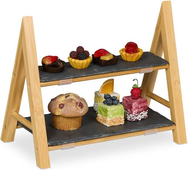 Relaxdays Etagere aus Bambus und Schiefer in Natur und Grau, zweistöckig, B/T/H: 32 x 27 x 17 cm - Bild 1