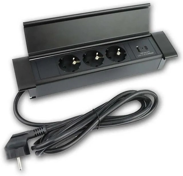 world-trading-net FLATBOX Tisch-Einbausteckdose 3-fach in Schwarz mit USB-A und USB-C Anschlüssen - Bild 1