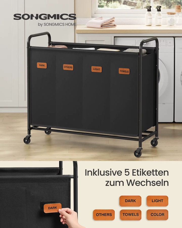 SONGMICS Wäschesammler mit 4 Fächern und Rollen, 200L Wäschewagen aus Stoff, schwarz - Bild 2