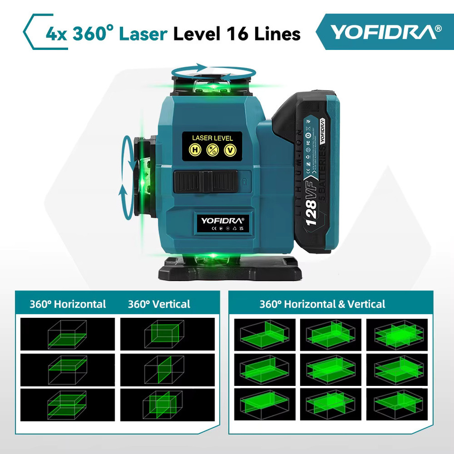 YOFIDRA 16-Linien 4D-Laser-Wasserwaage mit 360 Grad Nivellierung und 1 m Stativ für Makita 18V Akku-Pins - Bild 4