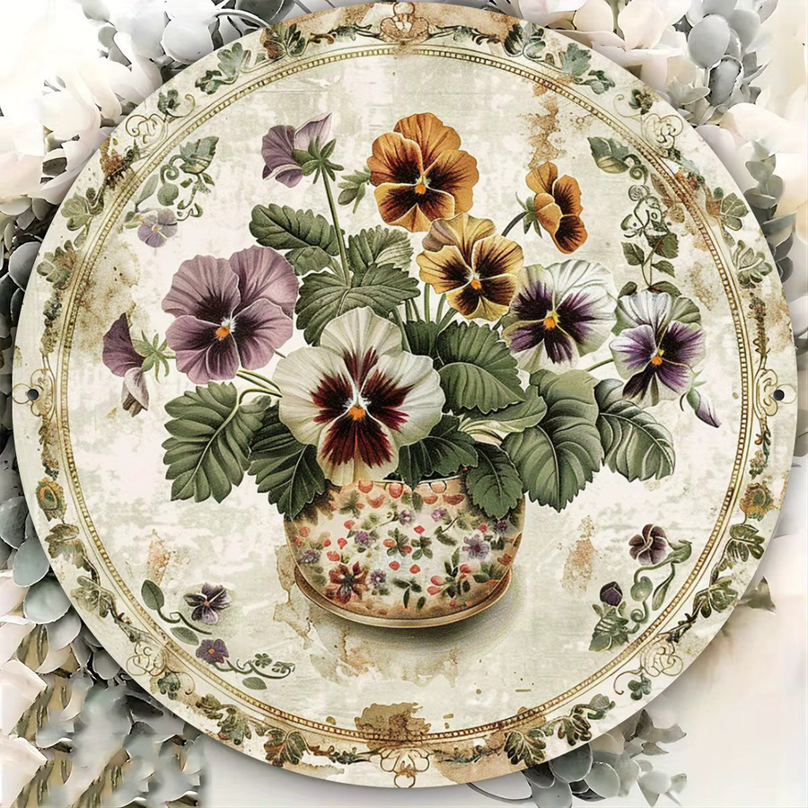 Potdemiel Vintage Stiefmütterchen Wandkunst aus Metall, runde Aluminiumdekoration mit floralem Blumenmuster, Mehrfarbig, Durchmesser: 20,3 cm - Bild 4