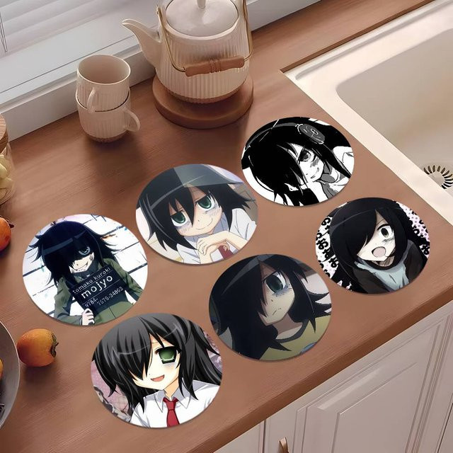 Runder Holz-Untersetzer mit Anime Watamote Tomoko Kuroki Motiv, Durchmesser: 10 cm, Mehrfarbig - Bild 1